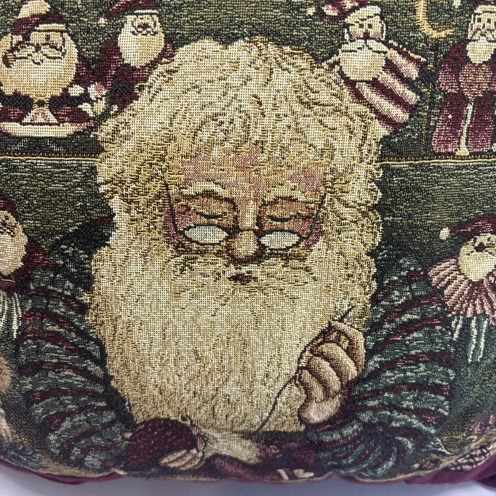 Vtg Holiday Tapestry Throw Pillow Christmas Decorations Santa Dolls Workshop 16